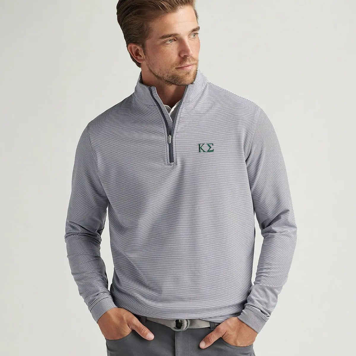 Kappa Sig Peter Millar Perth Mini Stripe Stretch Quarter Zip with Greek Letters Kappa Sigma