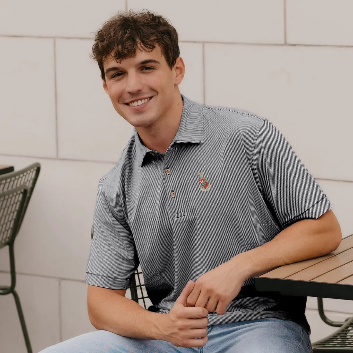 Kappa Sig Peter Millar Jubilee Stripe Stretch Jersey Polo with Crest Kappa Sigma