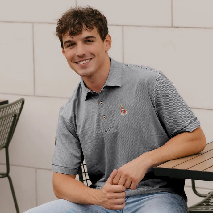 Kappa Sig Peter Millar Jubilee Stripe Stretch Jersey Polo with Crest Kappa Sigma