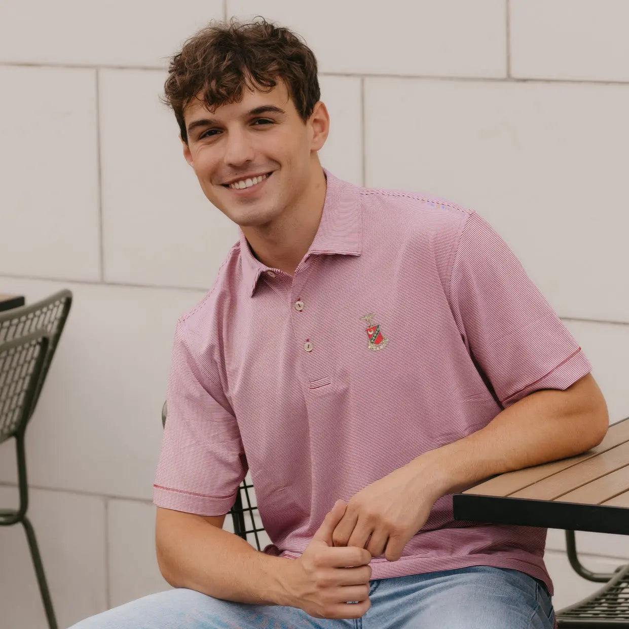 Kappa Sig Peter Millar Jubilee Stripe Stretch Jersey Polo with Crest Kappa Sigma