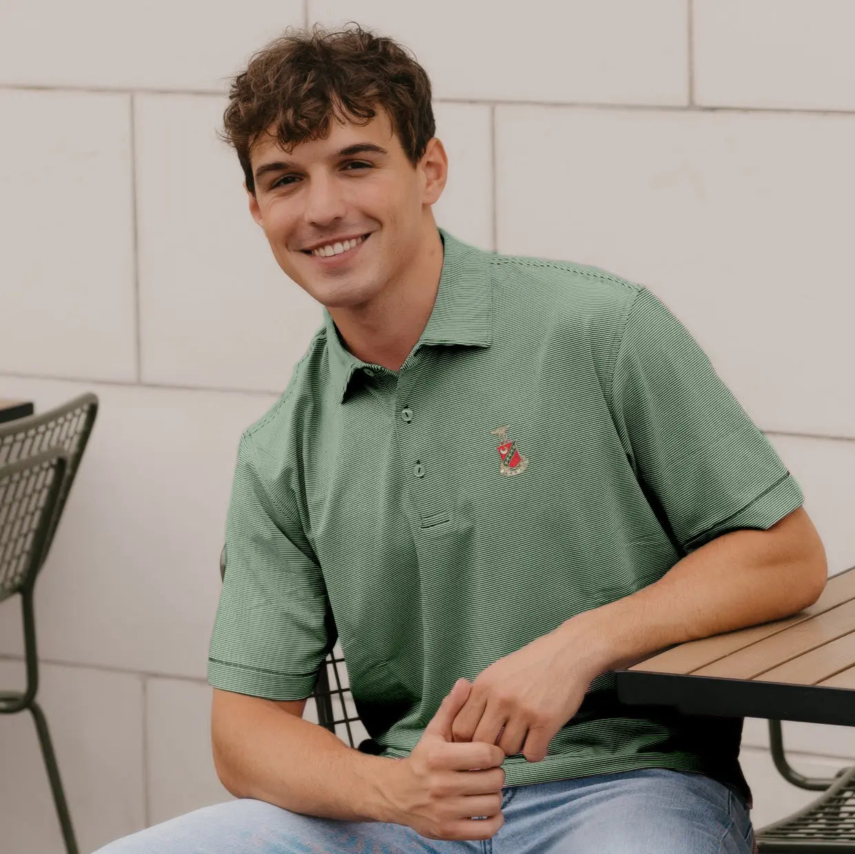 Kappa Sig Peter Millar Jubilee Stripe Stretch Jersey Polo with Crest Kappa Sigma