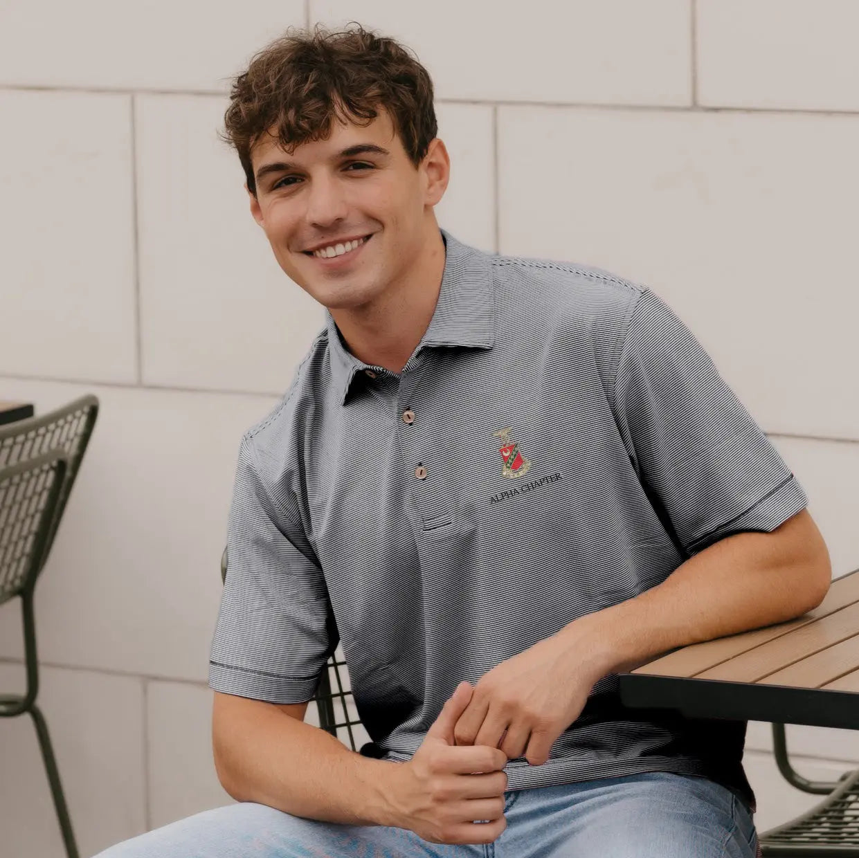 Kappa Sig Peter Millar Jubilee Stripe Stretch Jersey Polo with Crest Kappa Sigma