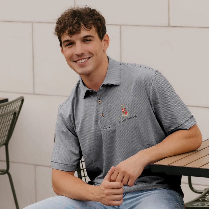 Kappa Sig Peter Millar Jubilee Stripe Stretch Jersey Polo with Crest Kappa Sigma