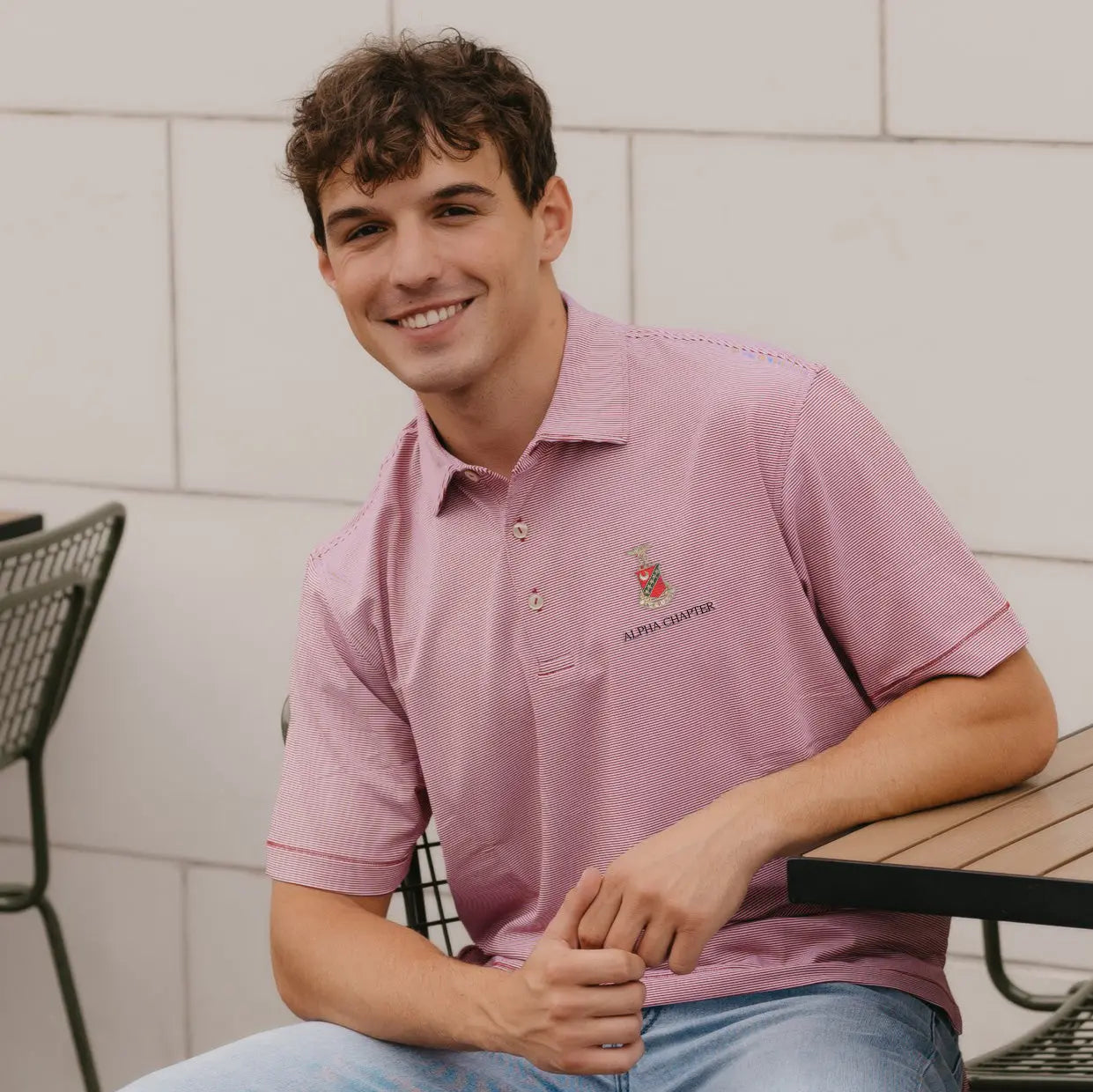 Kappa Sig Peter Millar Jubilee Stripe Stretch Jersey Polo with Crest Kappa Sigma