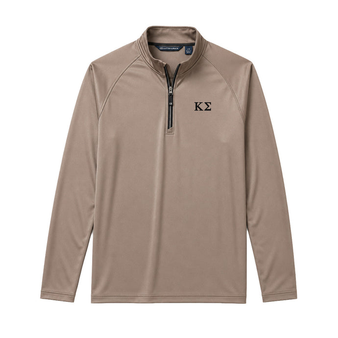 Mushroom Cutter & Buck Adapt quarter-zip pullover with black embroidered Kappa Sigma Greek letters on the left chest.