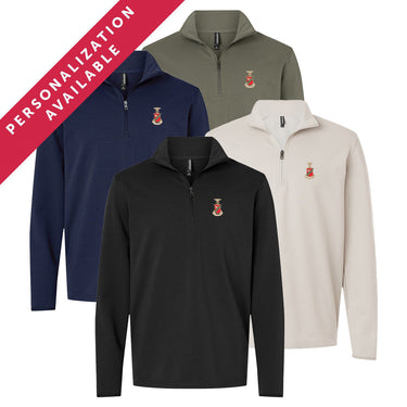 Four Kappa Sigma Embroidered Luxe Quarter Zips in black, smoke, navy, and pine colors with crest embroidery on the left chest. Banner reads Personalization Available.