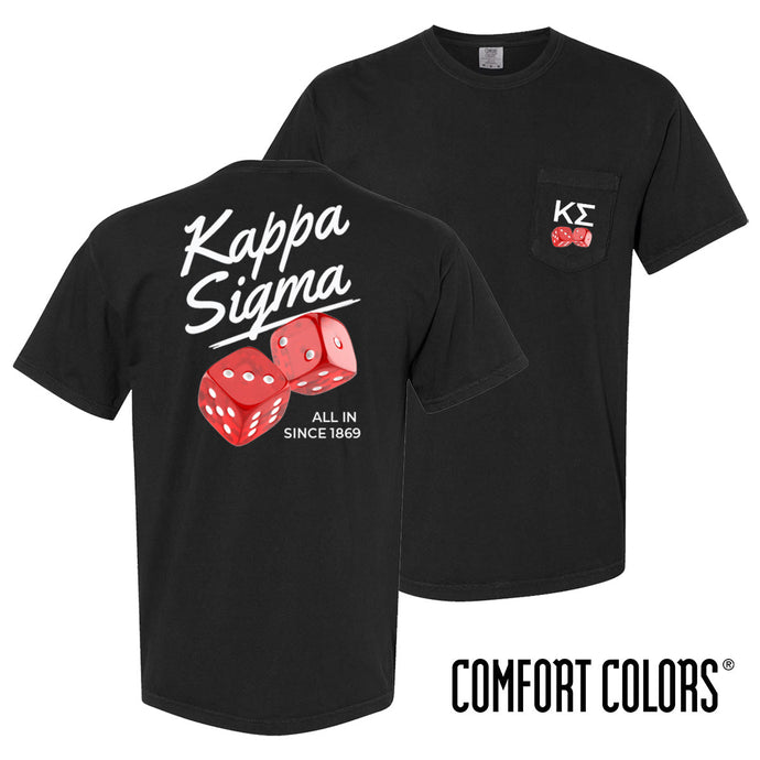 Comfort Colors High Roller Tee shown front and back, featuring a small dice graphic on the chest pocket and a large casino-inspired dice design on the back.