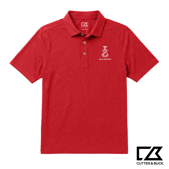 Red heathered Cutter & Buck polo featuring an embroidered crest and personalized name on the chest.