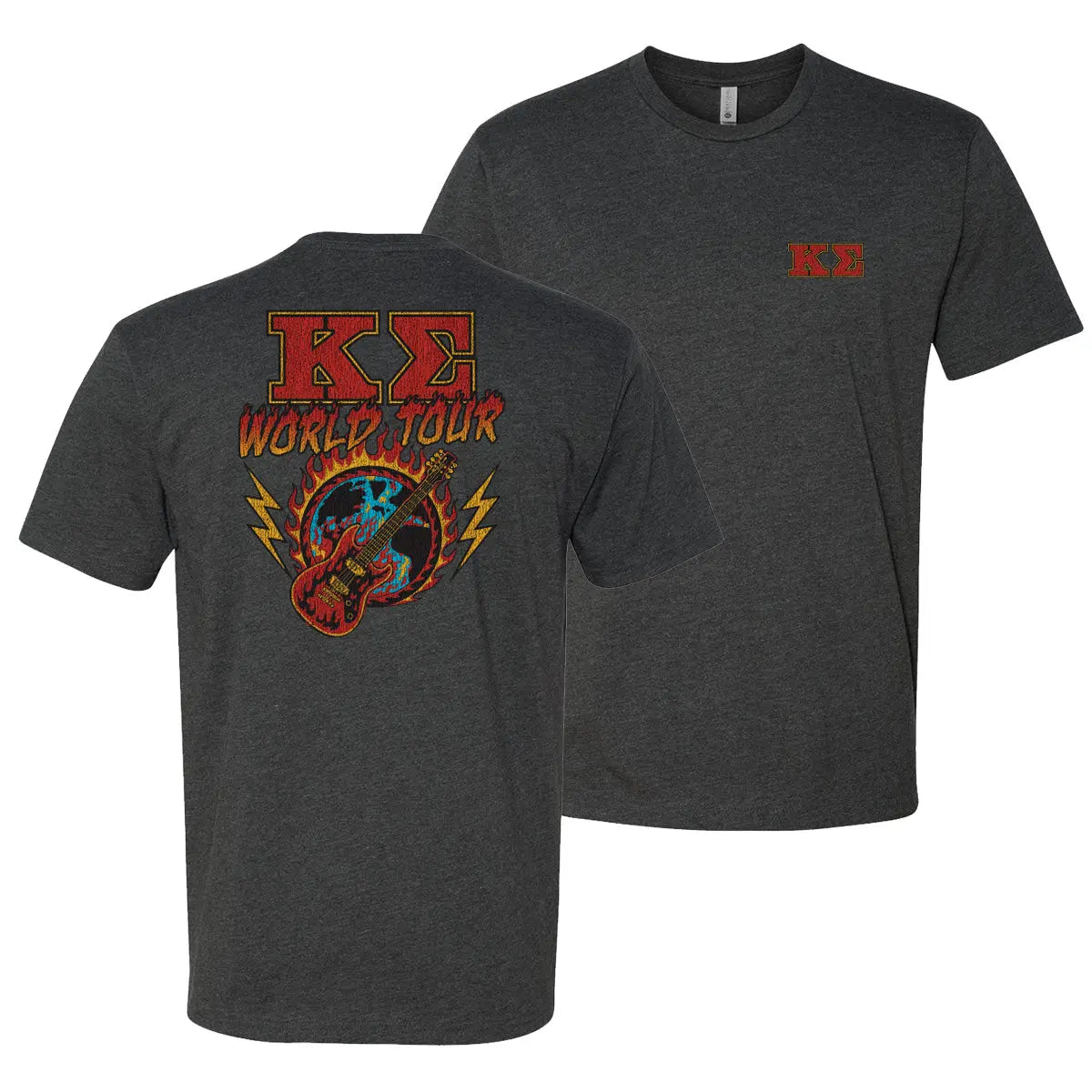 Charcoal t-shirt called the Kappa Sigma World Tour tee with vintage rock-inspired design, bold Kappa Sig letters on front, and fiery guitar graphic on back.