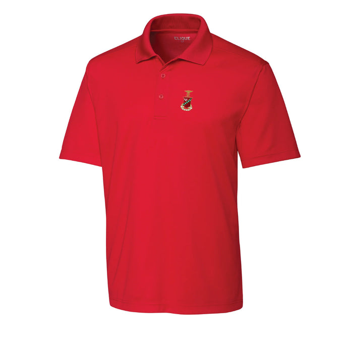Fraternity polo with coat of arms embroidered on left chest.