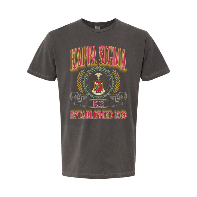 Kappa Sig Collegiate Crest Graphic Tee in charcoal grey featuring bold Kappa Sigma lettering, fraternity crest, Greek letters, and established year design.