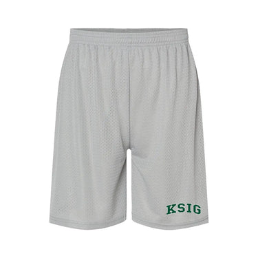 embroidered silver 7 inch mesh shorts front view
