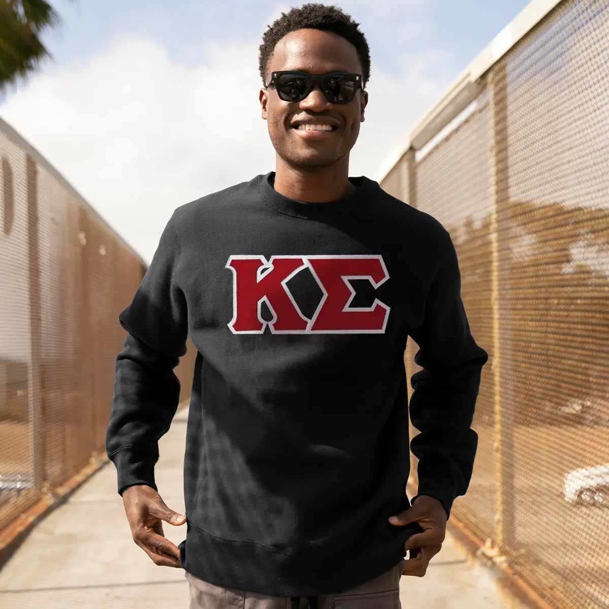 Kappa Sig Black Crew Neck Sweatshirt with Sewn On Letters - Kappa Sigma Official Store
