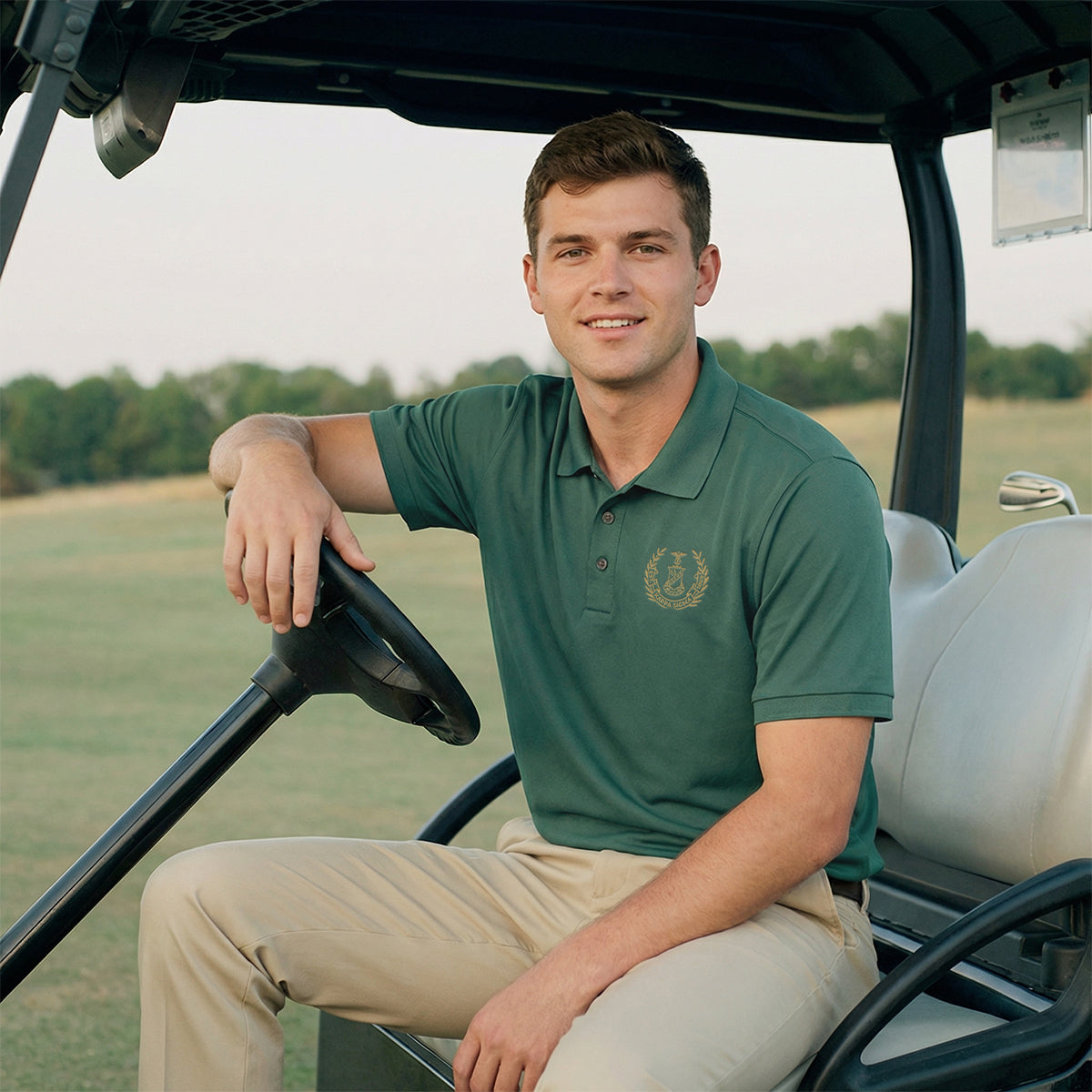 Man wearing a Green polo with premium embroidered logo detail. 