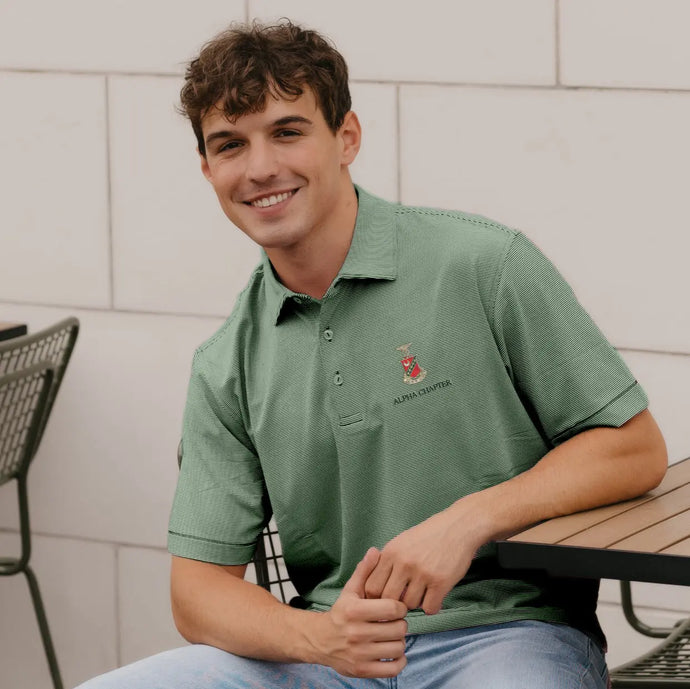 Kappa Sig Peter Millar Jubilee Stripe Stretch Jersey Polo with Crest Kappa Sigma