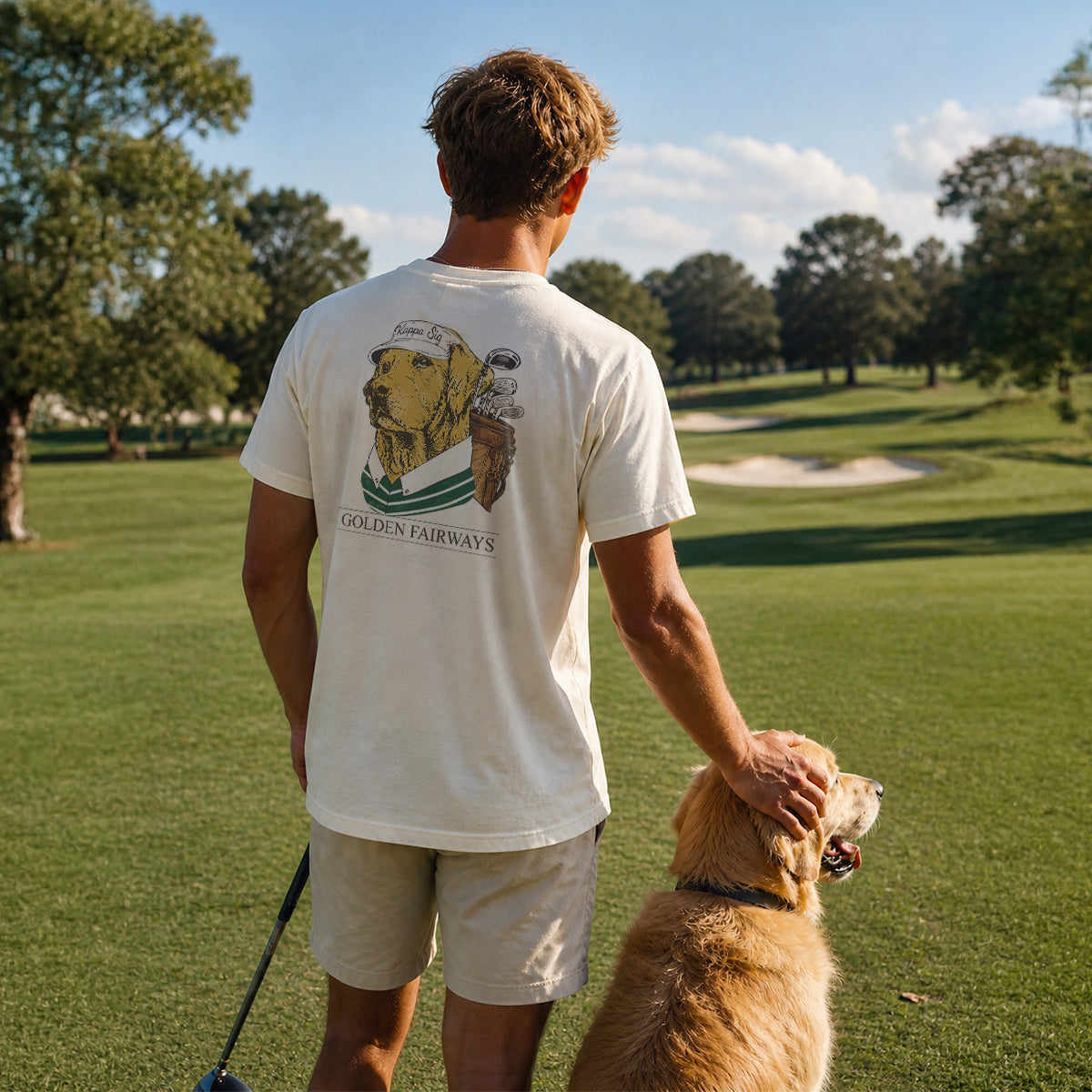 Lifestyle photo of a college student wearing a golf-themed fraternity t-shirt on a golf course with a golden retriever. Ivory Comfort Colors tee features a “Golden Fairways” back graphic with a golden retriever in golf apparel and golf clubs, perfect for fraternity golf tournaments, campus events, and casual Greek life apparel.