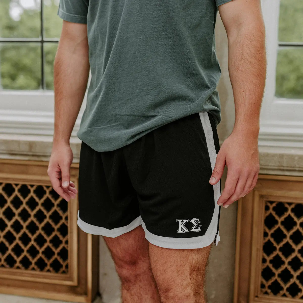 Kappa Sigma Fraternity Black 7" Mesh Shorts with Greek letters.