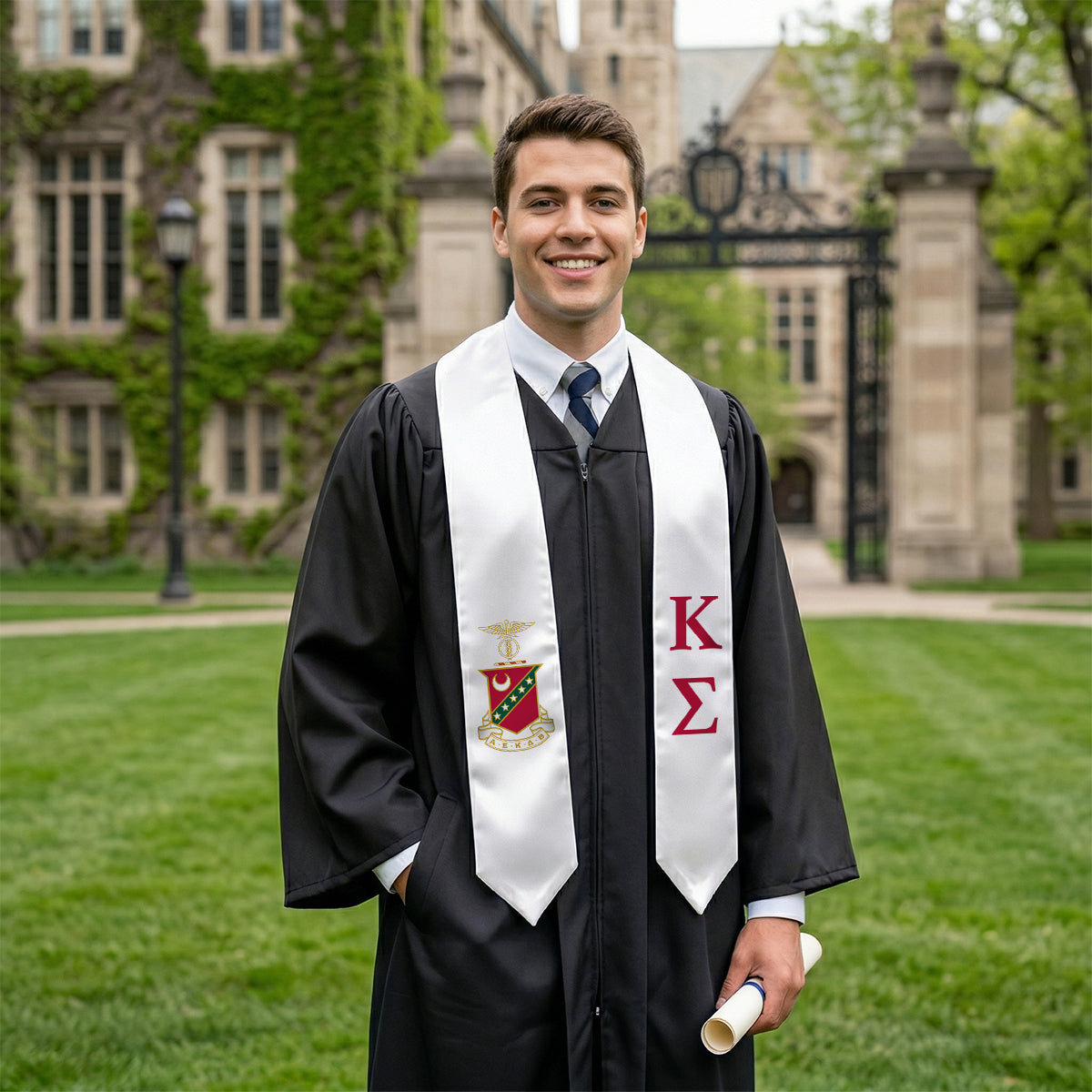New! Kappa Sig White Graduation Stole with Crest