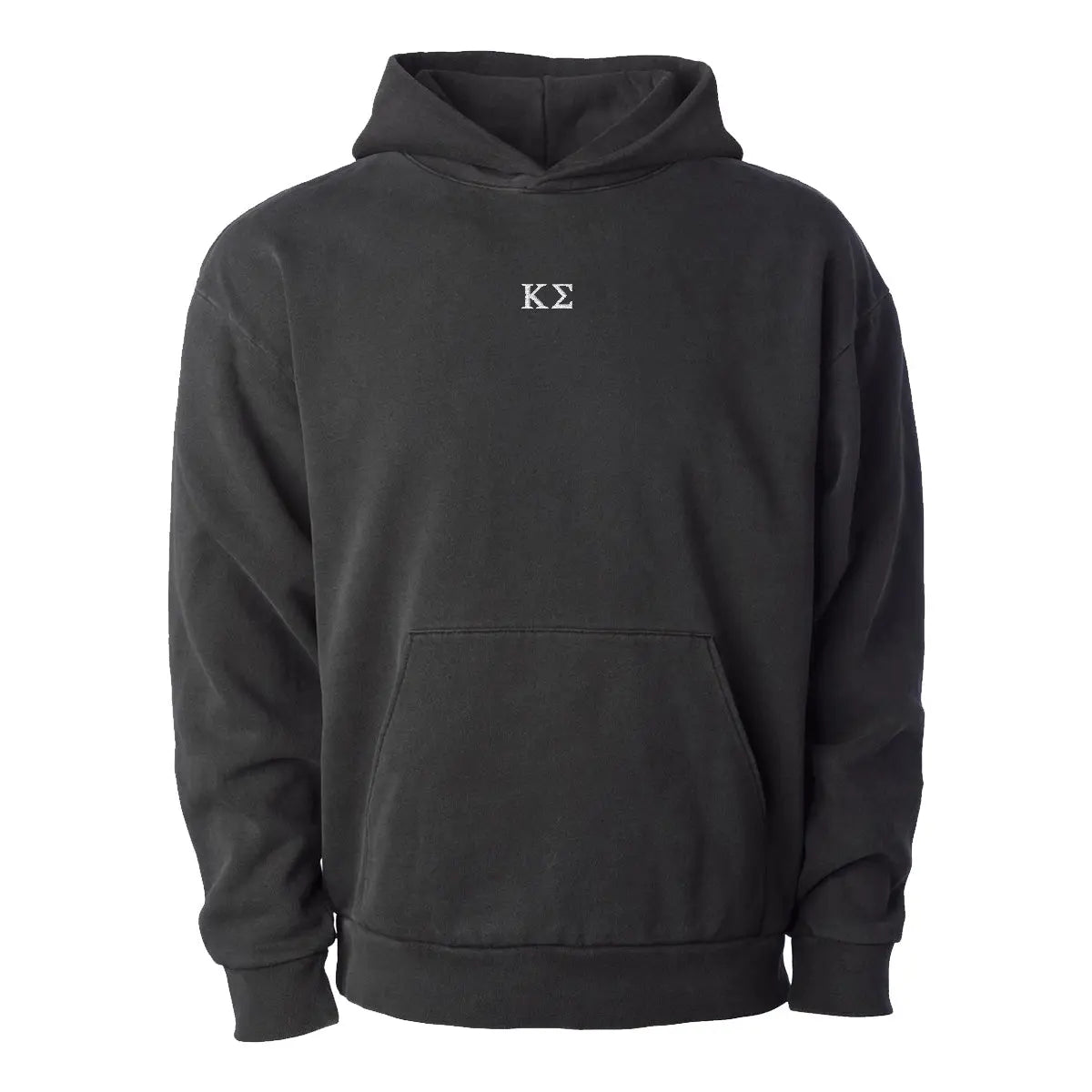 Black heavyweight hoodie with Kappa Sigma Greek letters embroidered in white on the center chest.