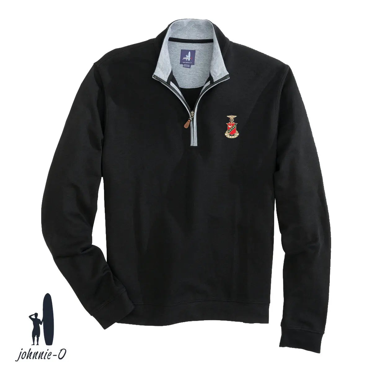 A black johnnie-O quarter-zip pullover with a gray collar and leather zipper pull, featuring an embroidered fraternity crest on the left chest. Displayed on a white background with the johnnie-O logo in the bottom corner.