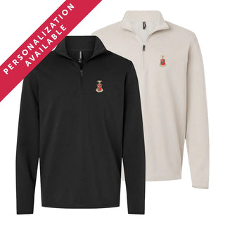 Two Kappa Sigma Embroidered Luxe Quarter Zips in black and smoke colors with crest embroidery on the left chest. Banner reads Personalization Available.