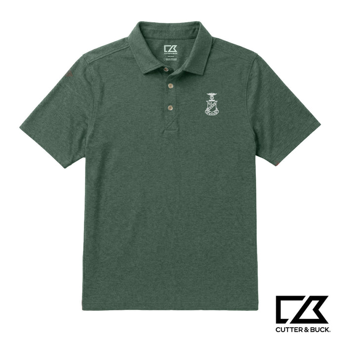 Green heathered Cutter & Buck polo with an embroidered crest on the chest.