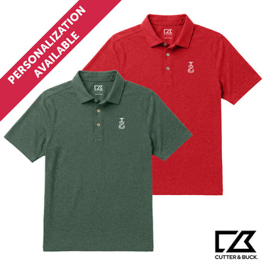 Two heathered Cutter & Buck polo shirts in green and red with embroidered crest detail and personalization available.