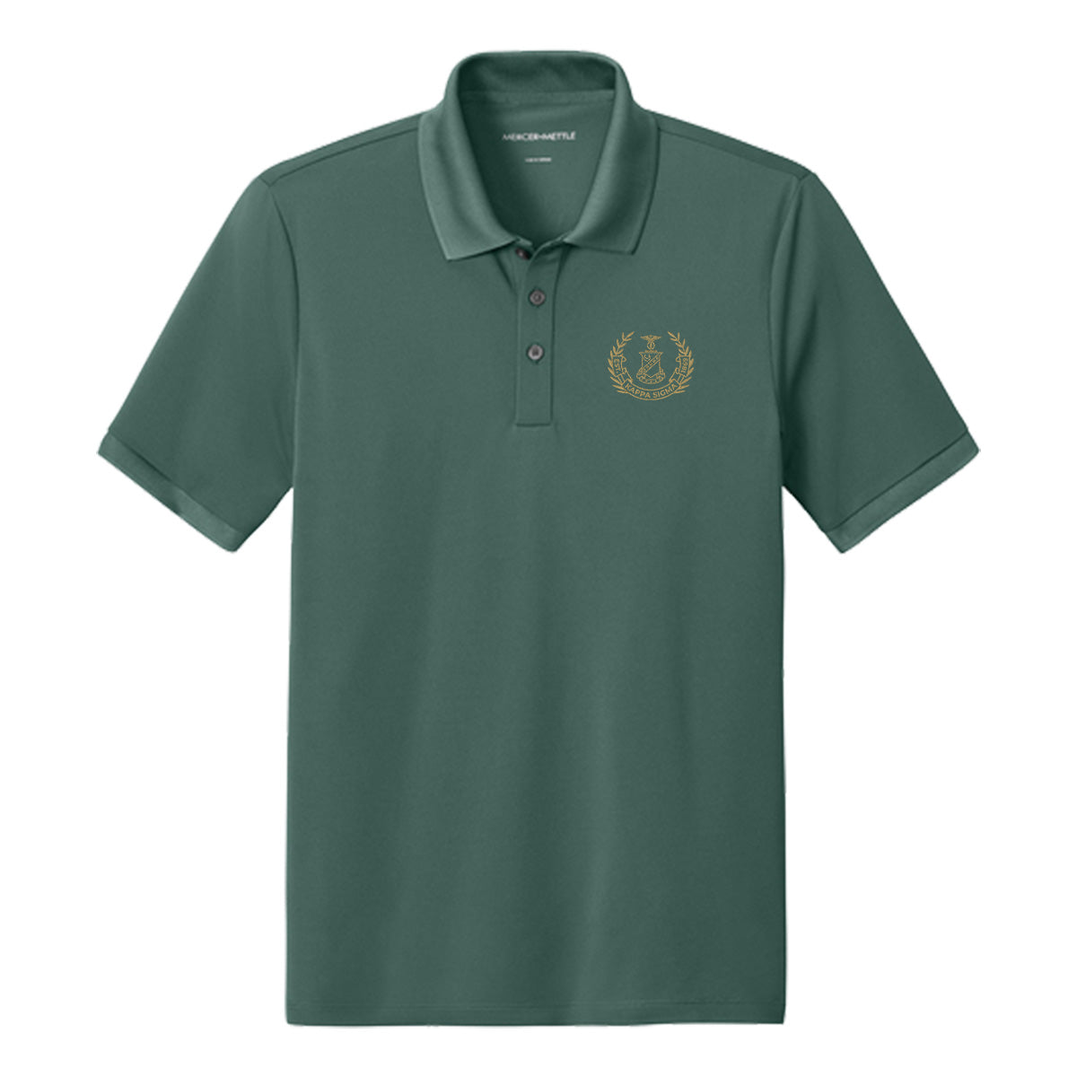 Front view of Green polo featuring embroidered laurel design.
