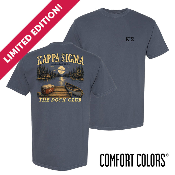 Front and back view of a blue Comfort Colors graphic t-shirt with vintage lake-inspired artwork