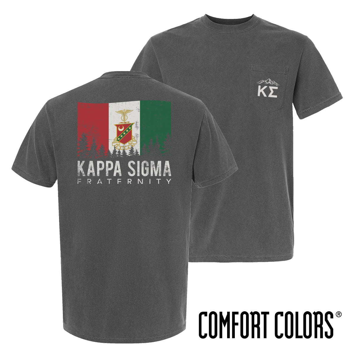 Fraternity grey short sleeve tee with colorful flag design on back and chest pocket log