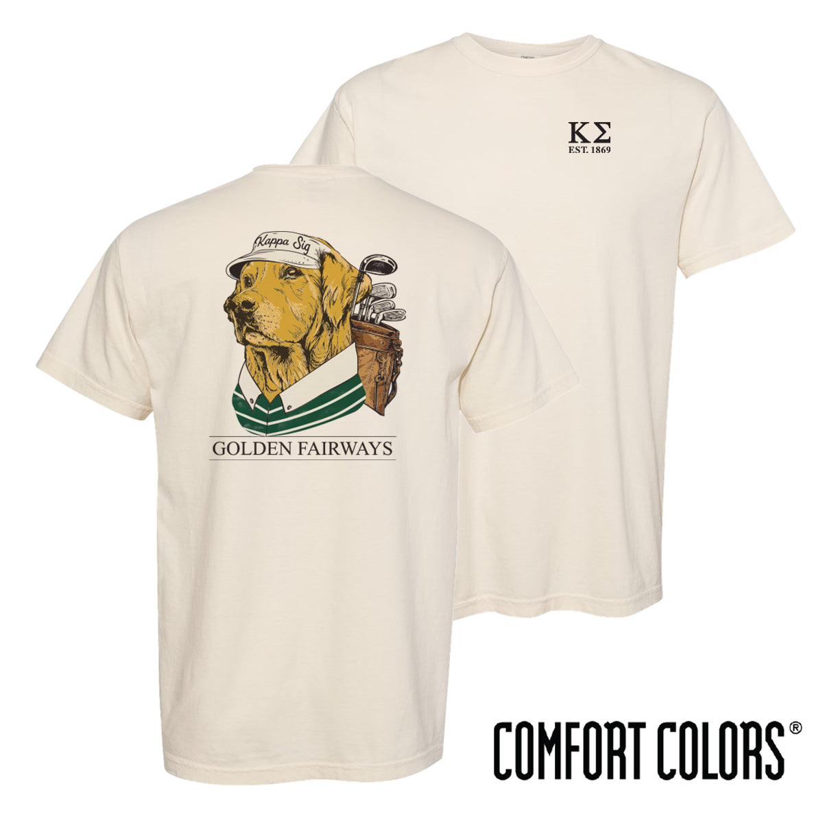 Golf-themed fraternity t-shirt on ivory Comfort Colors tee featuring a golden retriever wearing a golf hat and striped polo with golf clubs on the back. Perfect for fraternity golf events, rush, and casual campus wear.