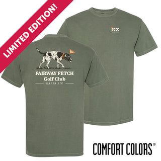 Front and back view of moss green Comfort Colors T-shirt featuring a vintage-inspired hunting dog mid-fetch, paired with a classic golf flag.
