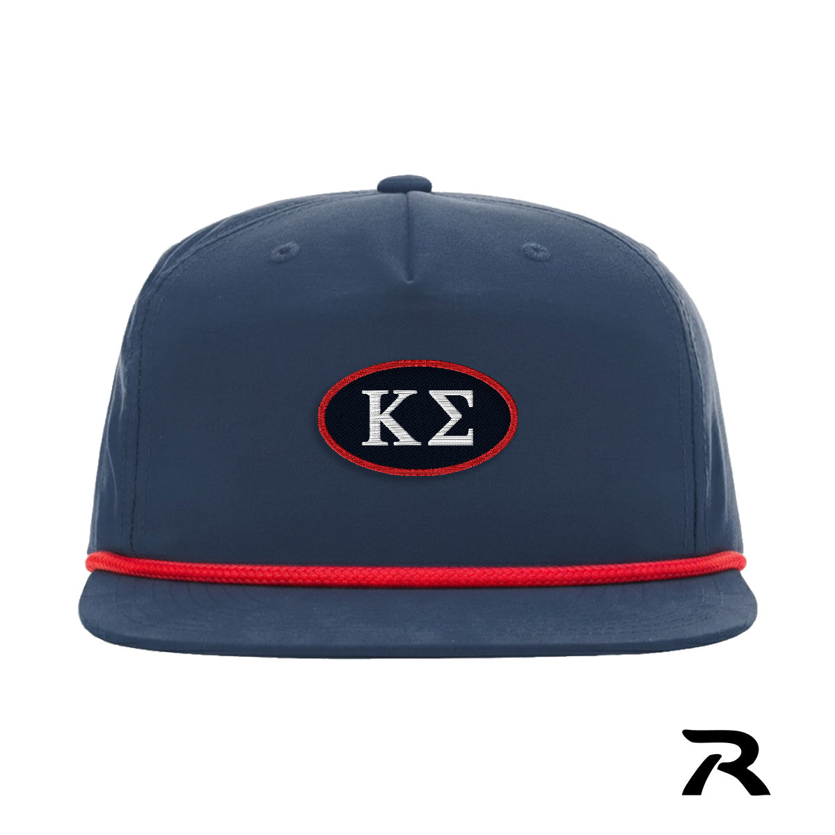 A navy blue performance snapback hat featuring a red rope detail and a central navy oval patch with a red embroidered border.