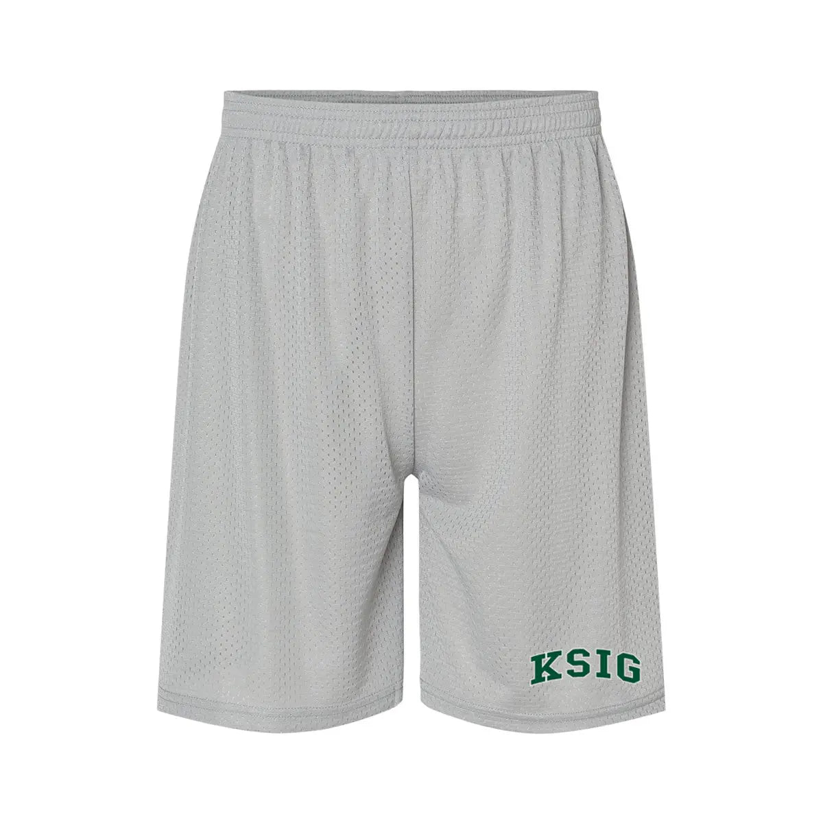 embroidered silver 7 inch mesh shorts front view