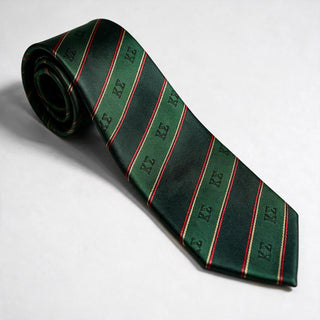 Official Kappa Sigma Heritage Striped Silk Tie in green with woven Kappa Sigma Greek letters, premium fraternity neck tie for composite photos, formals, weddings, graduation, and professional attire.