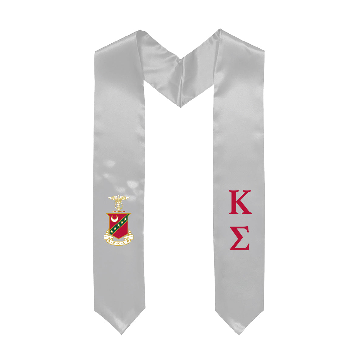 White graduation stole decorated with Greek letters and Crest