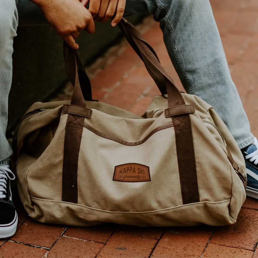 Kappa Sig Khaki Canvas Duffel With Leather Patch - Kappa Sigma Official Store