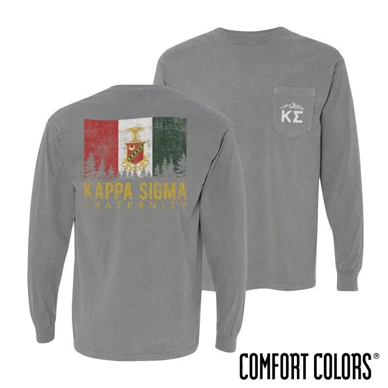 Kappa Sig Gray Comfort Colors Flag Long Sleeve Pocket Tee